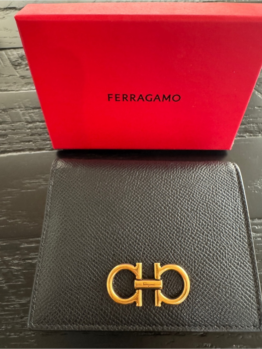 Salvatore Ferragamo Black Grained Calfskin Leather Gancini Wallet